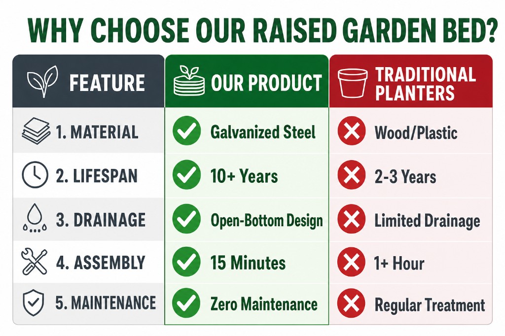 Galvanized steel raised garden bed vs wood planter comparison for garden centers
