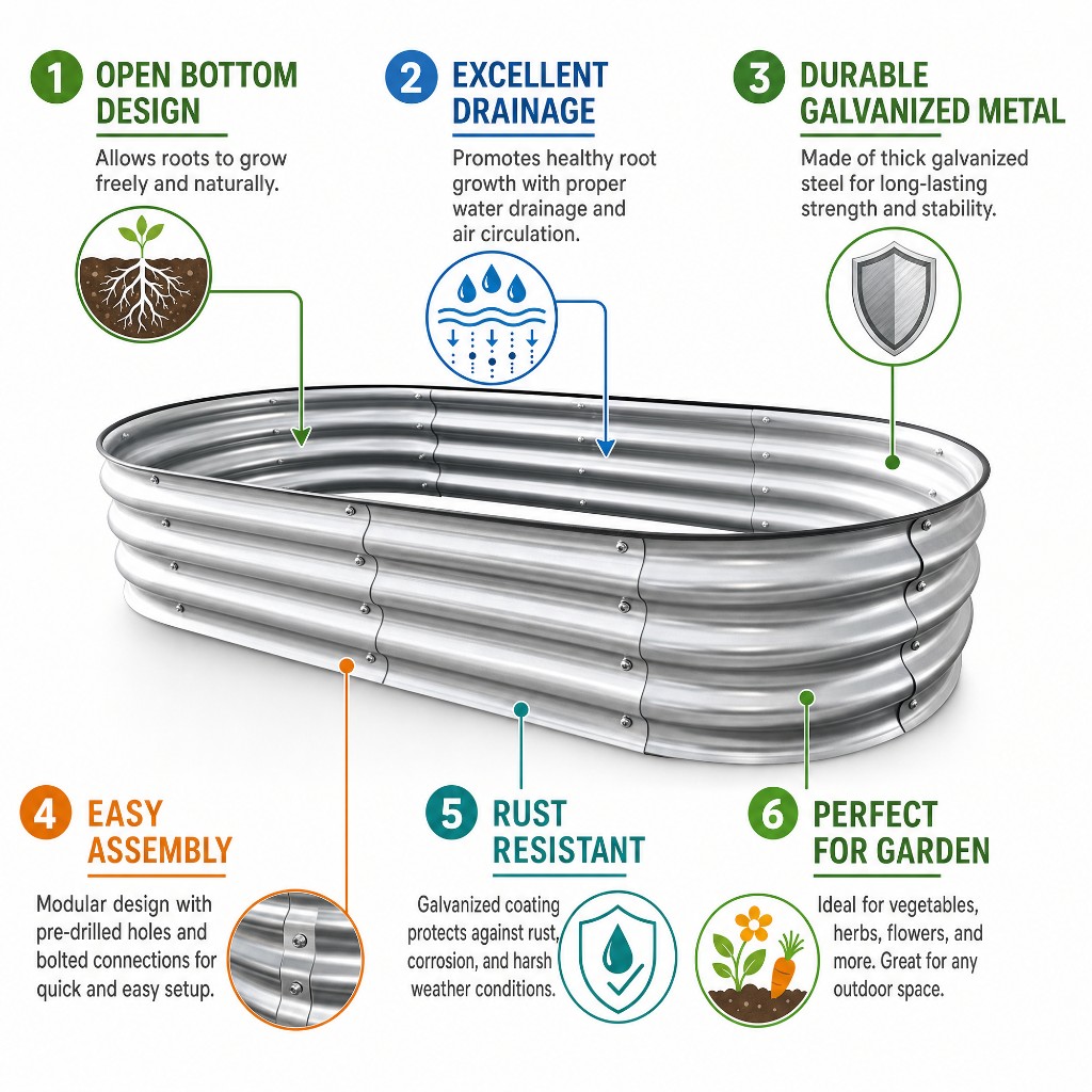 Corrugated galvanized raised garden bed installed in an outdoor vegetable garden