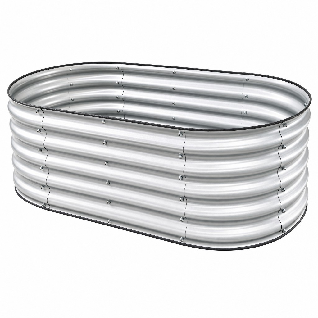 Oval galvanized metal raised garden bed top view for garden centers and outdoor retail, 72x36x12 in