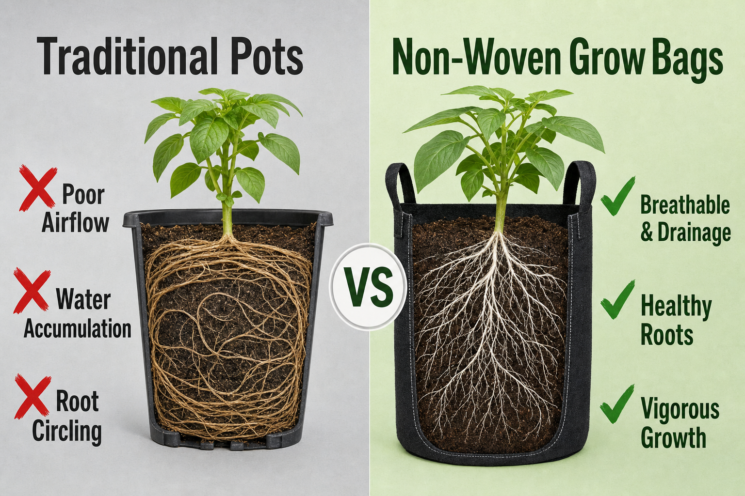Traditional container pain points versus non-woven grow bag solution comparison