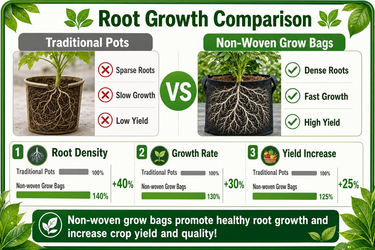 Fabric grow bag versus rigid plastic pot data comparison on breathability, freight, and positioning
