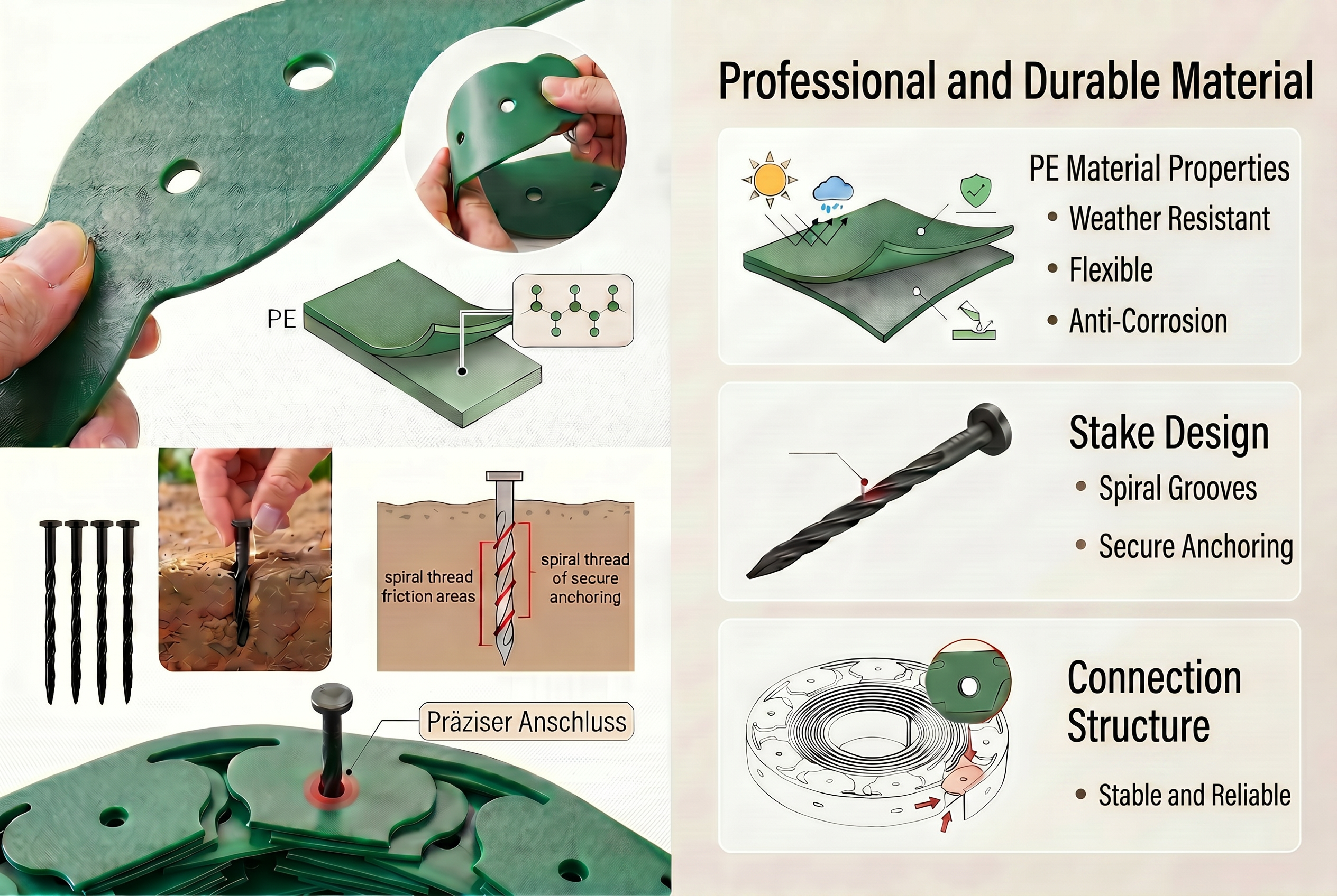 PE material, stake points, and connection details for engineering review