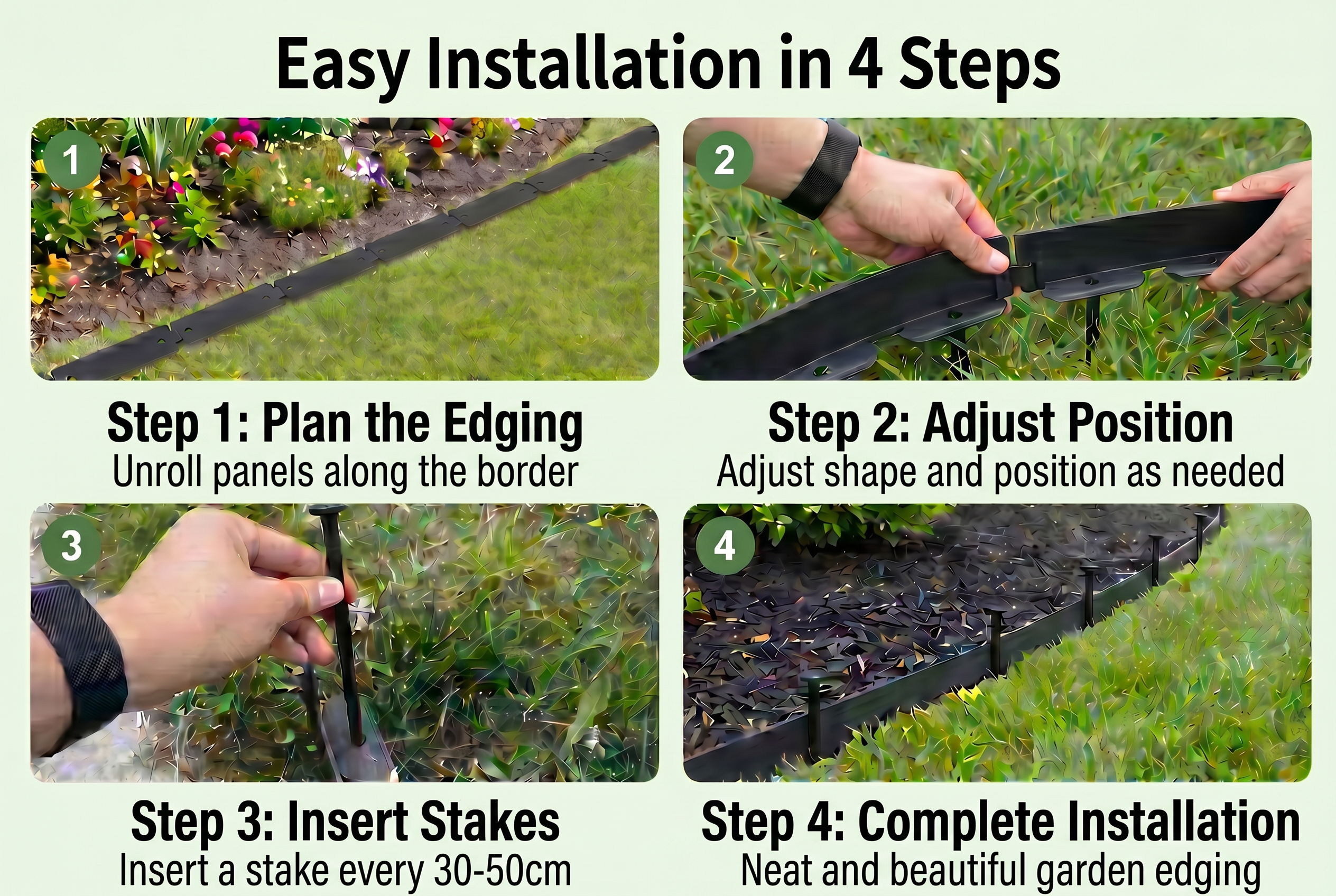 Four steps: layout, stake, seat coil, and finish the edge