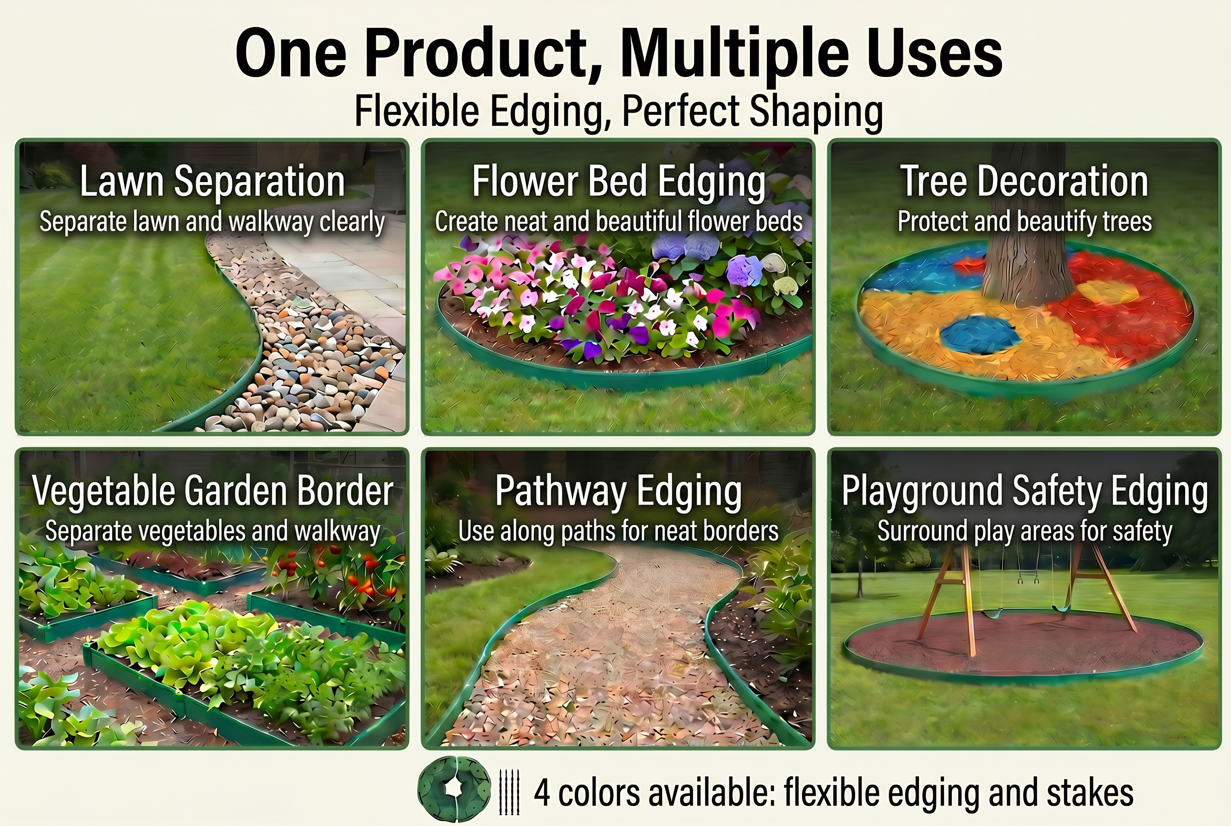 Multiple scenes: lawns, beds, tree rings, paths, and distribution channels