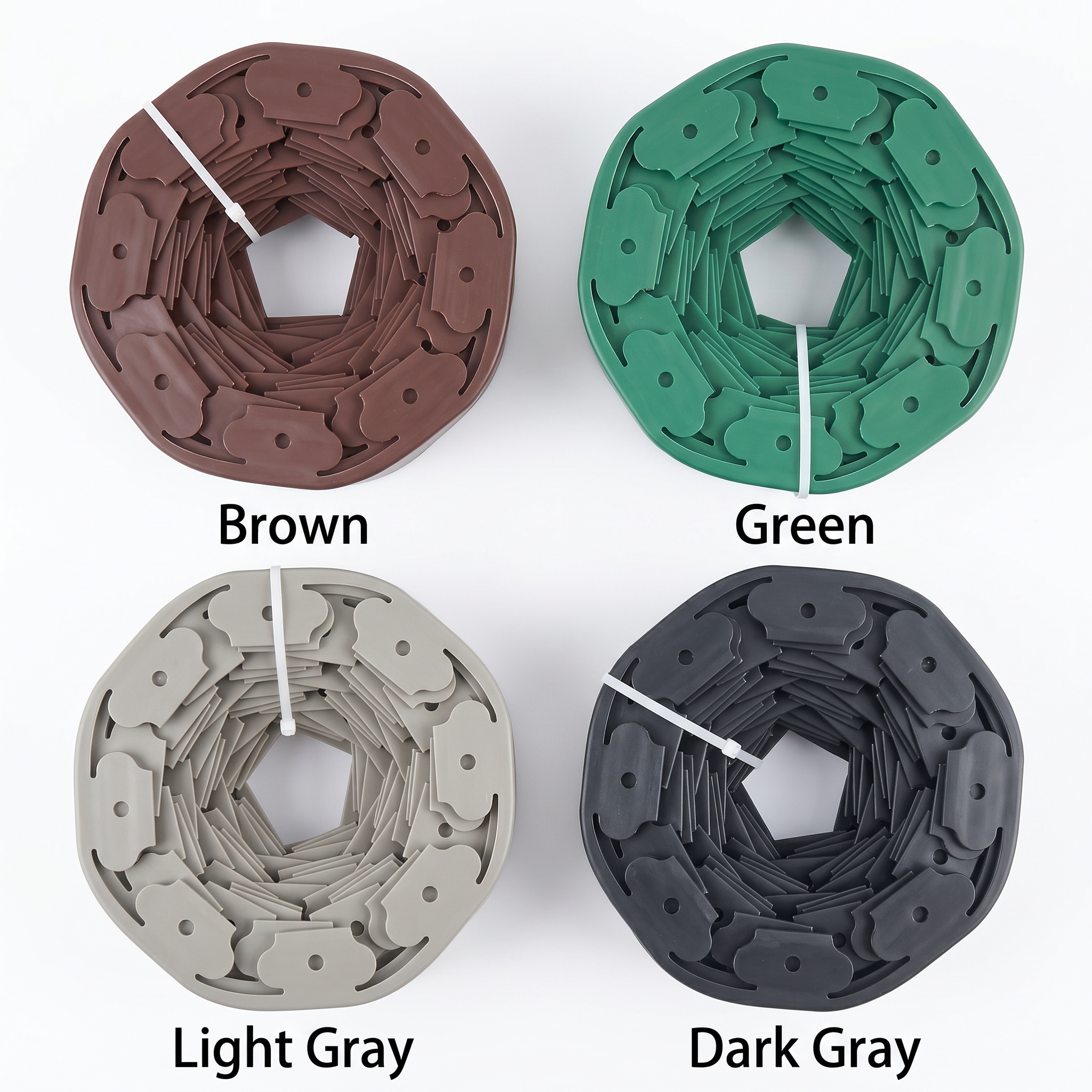 Multi-color PE lawn edging coils (black, green, gray, brown), OEM runs and distributor planograms
