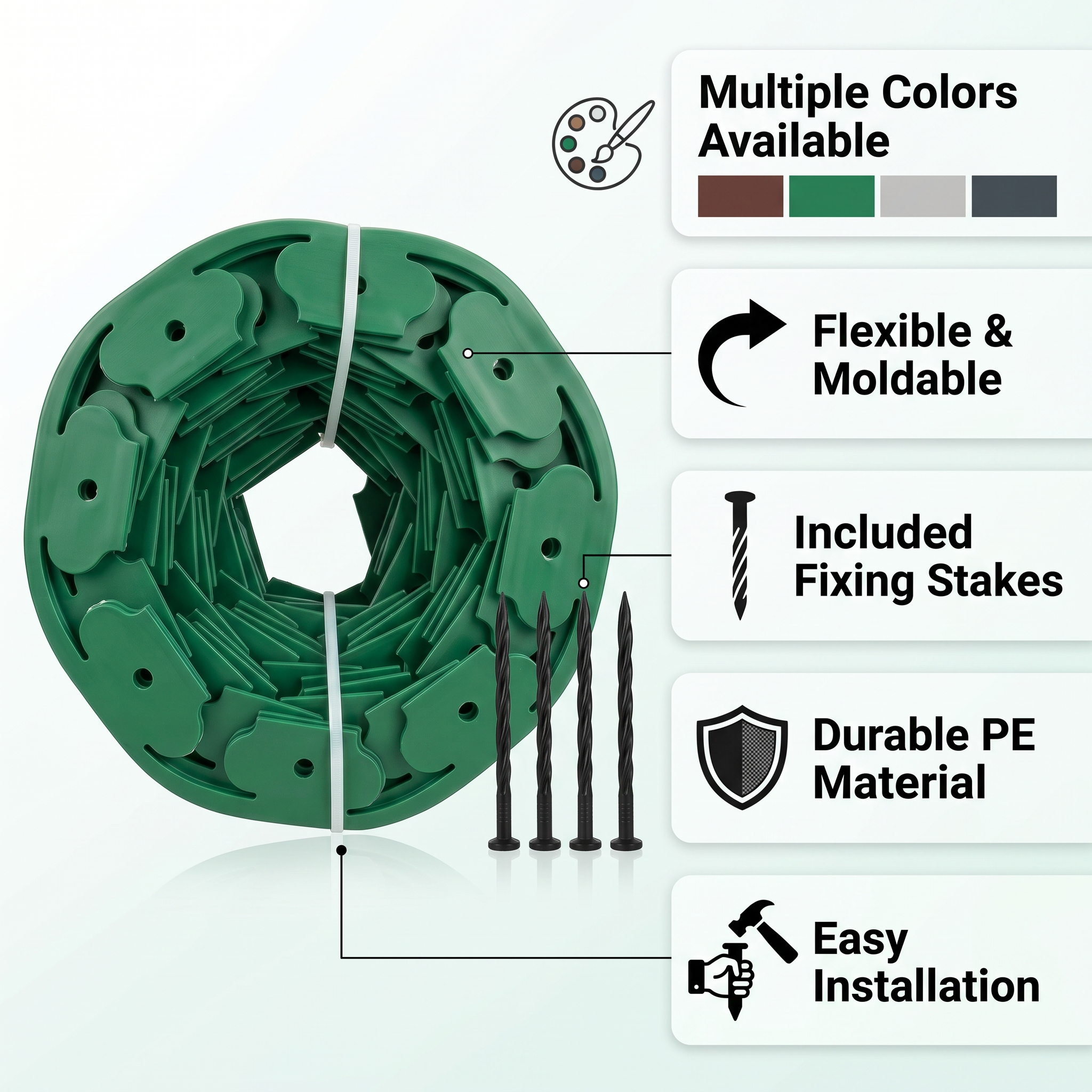 PE landscape edging core benefits: flexible install, UV weathering, multiple heights, export pallets for B2B buyers