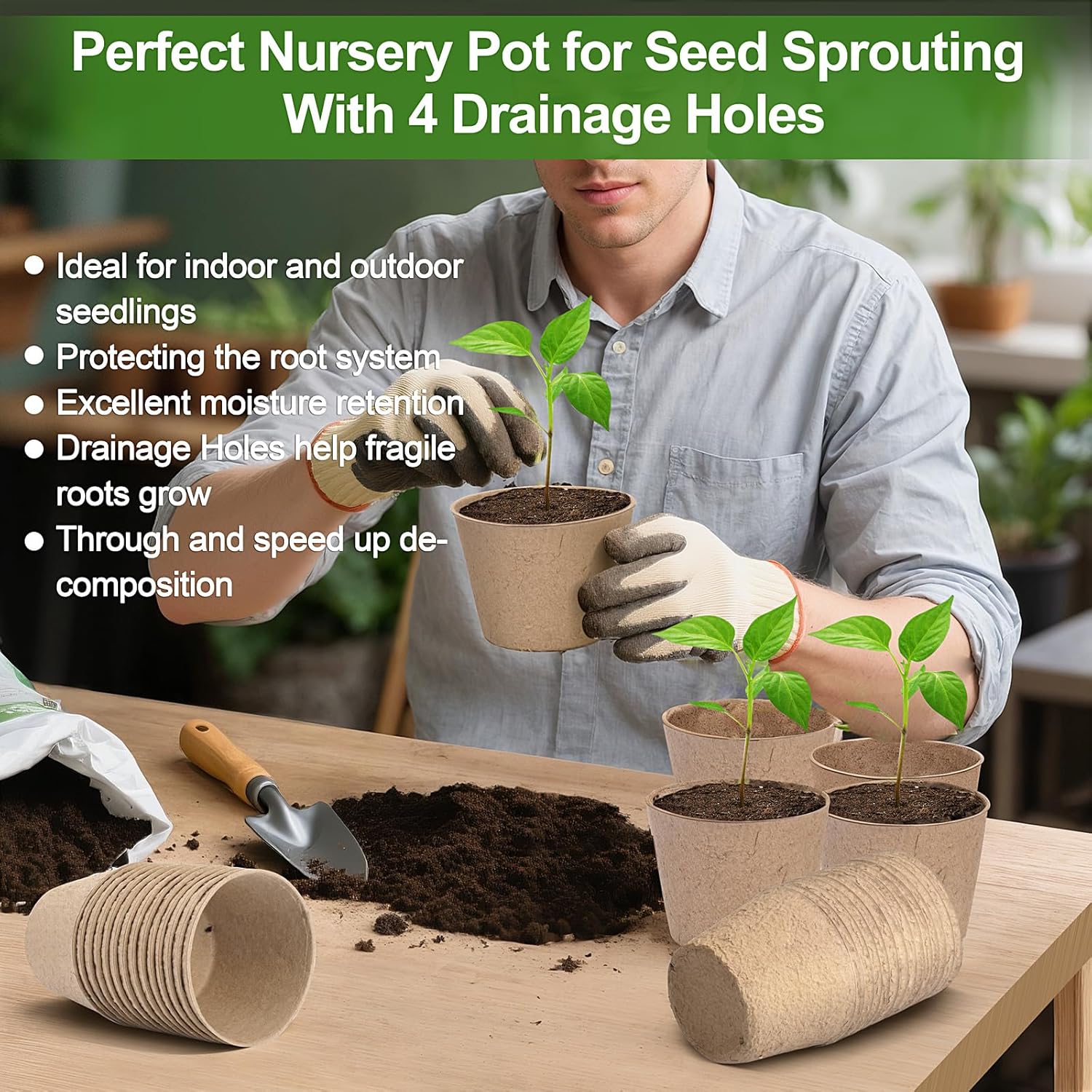 Round peat nursery pots with drainage holes for germination